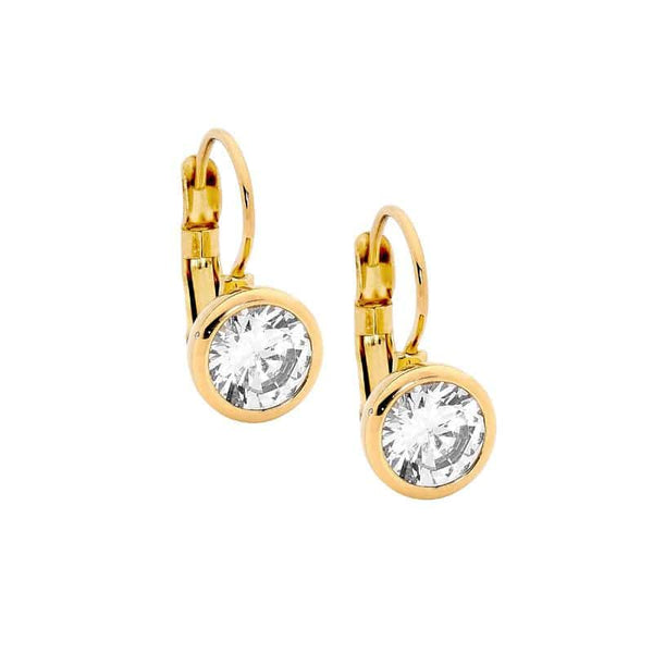 Stainless Steel Crystal Lever Back Earrings Yellow Gold