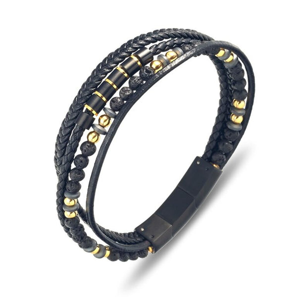 Multi Strand Leather Lava Beads Bracelet Yellow Gold