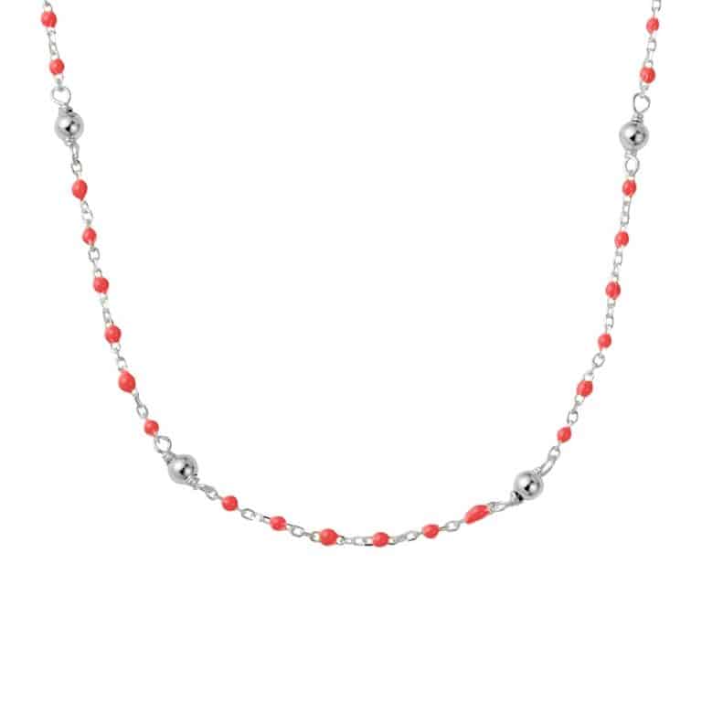 Enamel Beaded Silver Chain Coral Red