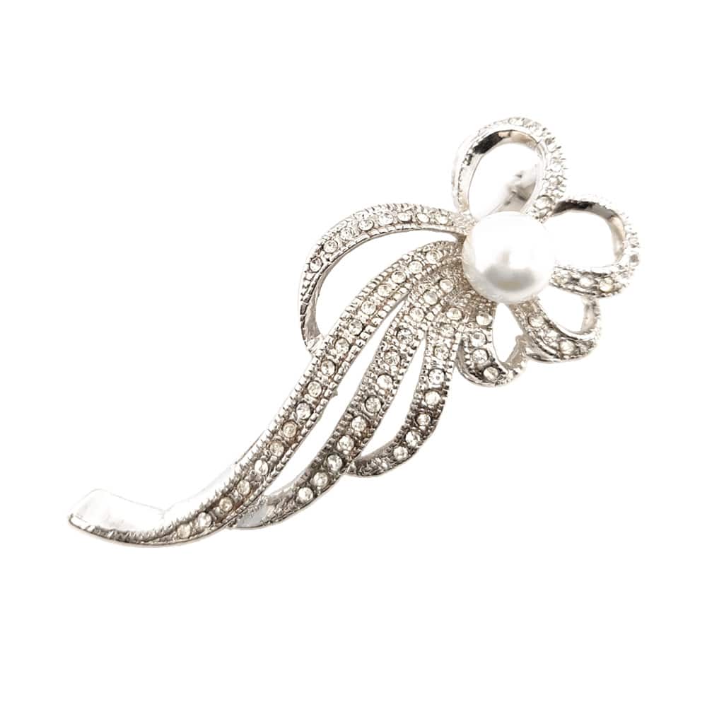 Faux Pearl Crystal Ribbon Brooch