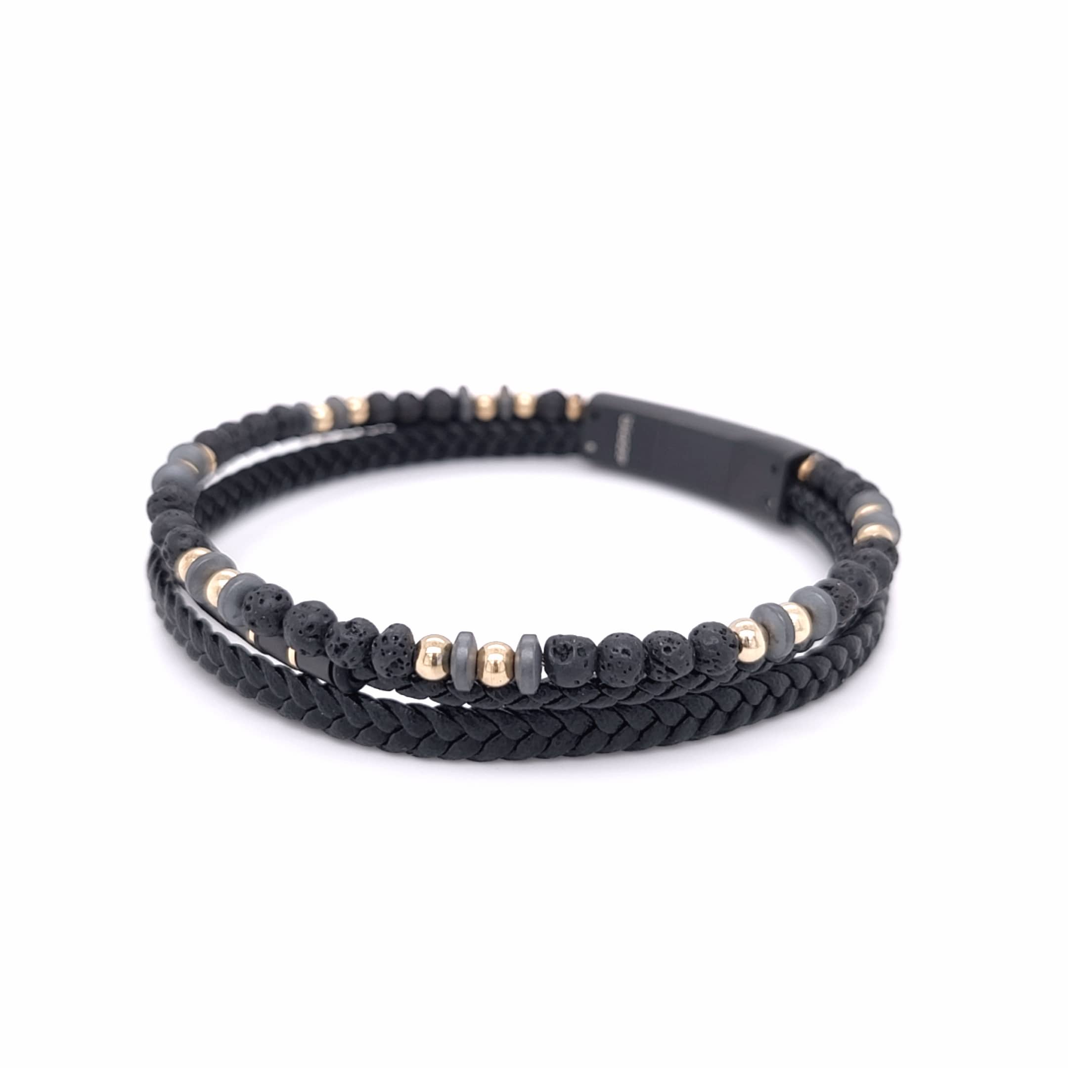 Multi Strand Leather Lava Beads Bracelet Yellow Gold