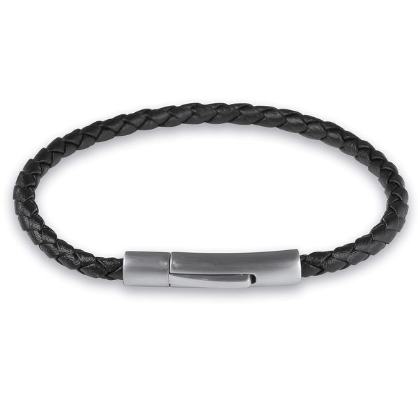 Men's Black Leather Stainless Steel Bangle Bracelet
