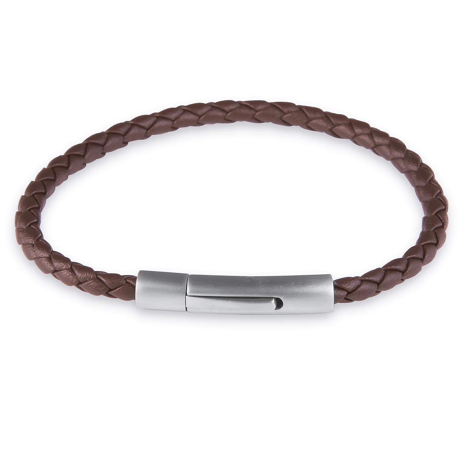 Brown Leather Stainless Steel Bangle Bracelet