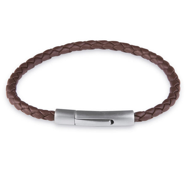 Brown Leather Stainless Steel Bangle Bracelet