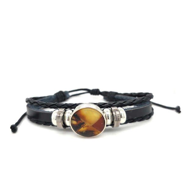 Baltic Amber Stainless Steel Leather Bracelet 750