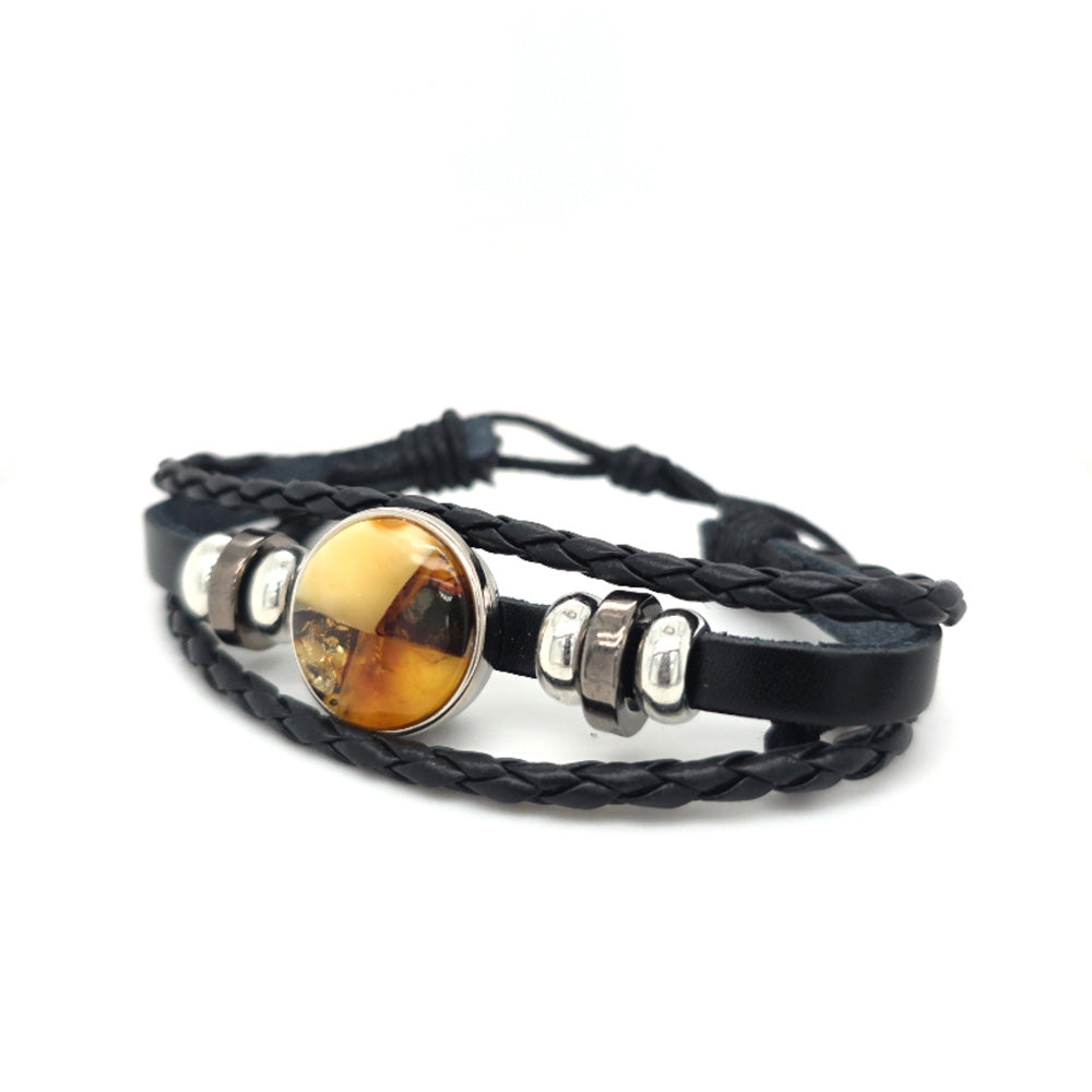 Baltic Amber Stainless Steel Leather Bracelet 751
