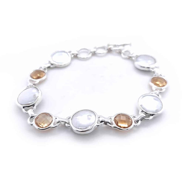 Citrine and Coin Fresh Water Pearl Silver Bracelet