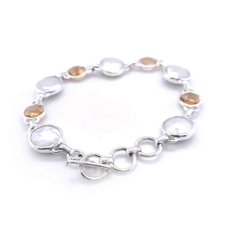 Citrine and Coin Fresh Water Pearl Silver Bracelet