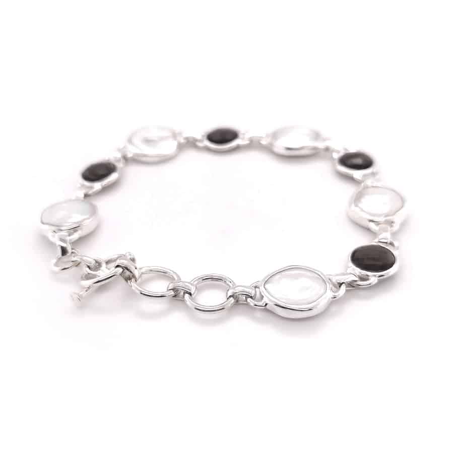 Smoky Quartz and Coin Fresh Water Pearl Silver Bracelet