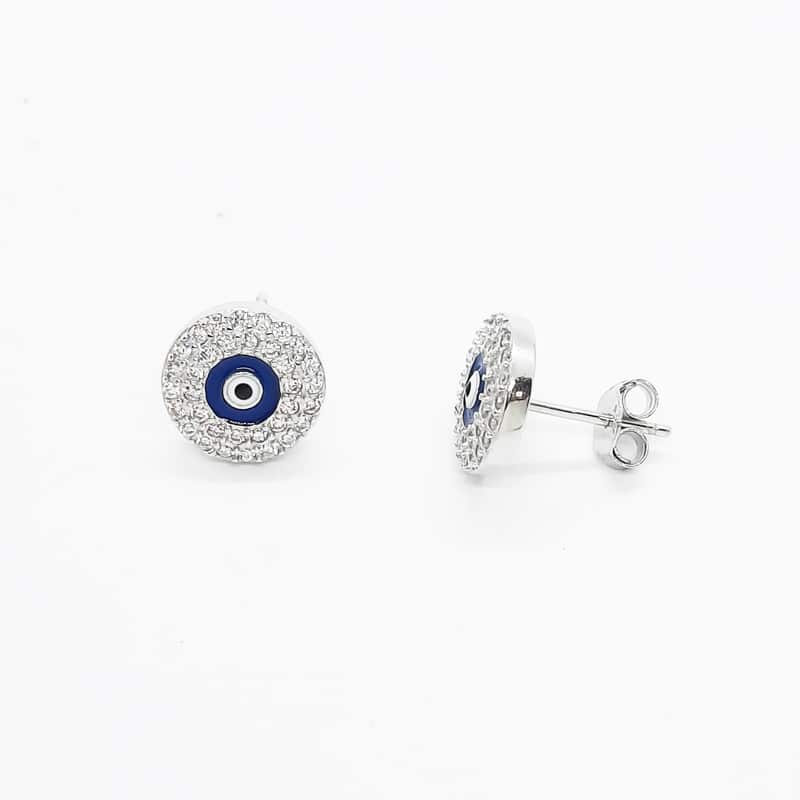 Rhodium plated 10 mm Evil Eye Silver Stud Earrings