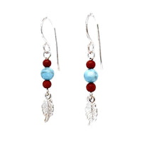 Turquoise and Coral Beads Leaf Earrings