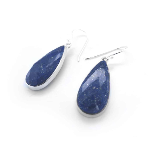 Faced Cut Tear Drop Lapis Lazuli Silver Earrings