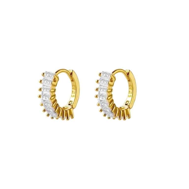 Gold Plated Sterling Silver Huggie Earrings with Baguette CZ