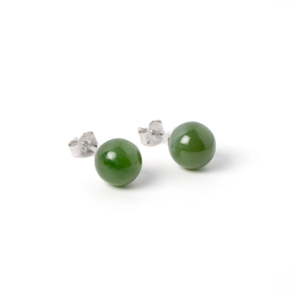 Green Jade Bead Stud Earrings in Sterling Silver