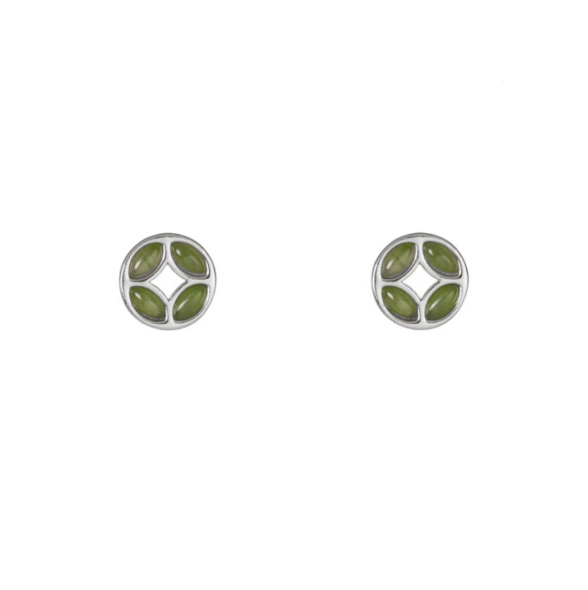 Fortune Coin Green Jade Stud Earrings in Sterling Silver