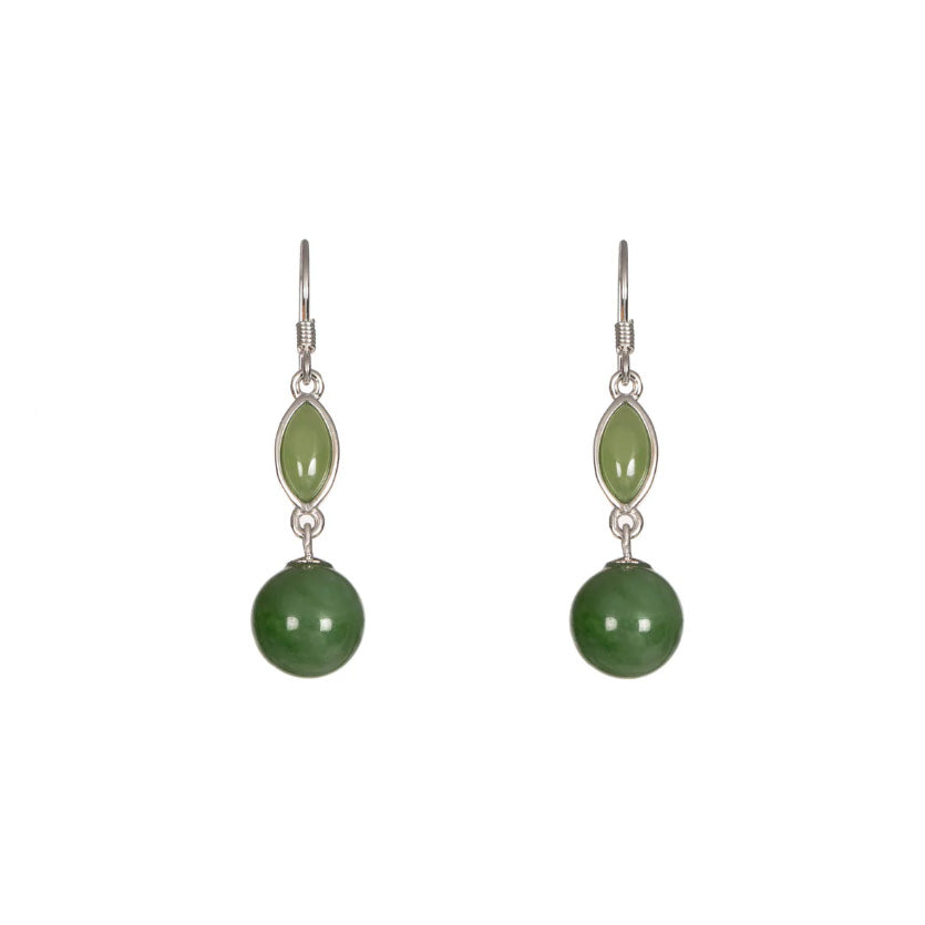 Green Jade Marquise and Bead Drop Earrings in Sterling Silver