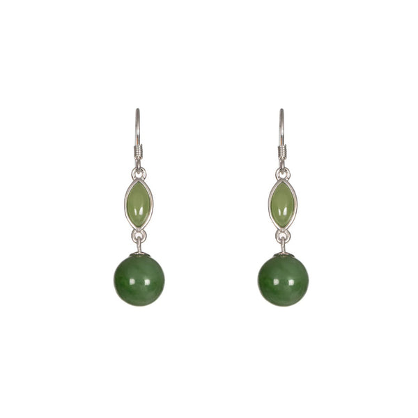 Green Jade Marquise and Bead Drop Earrings in Sterling Silver