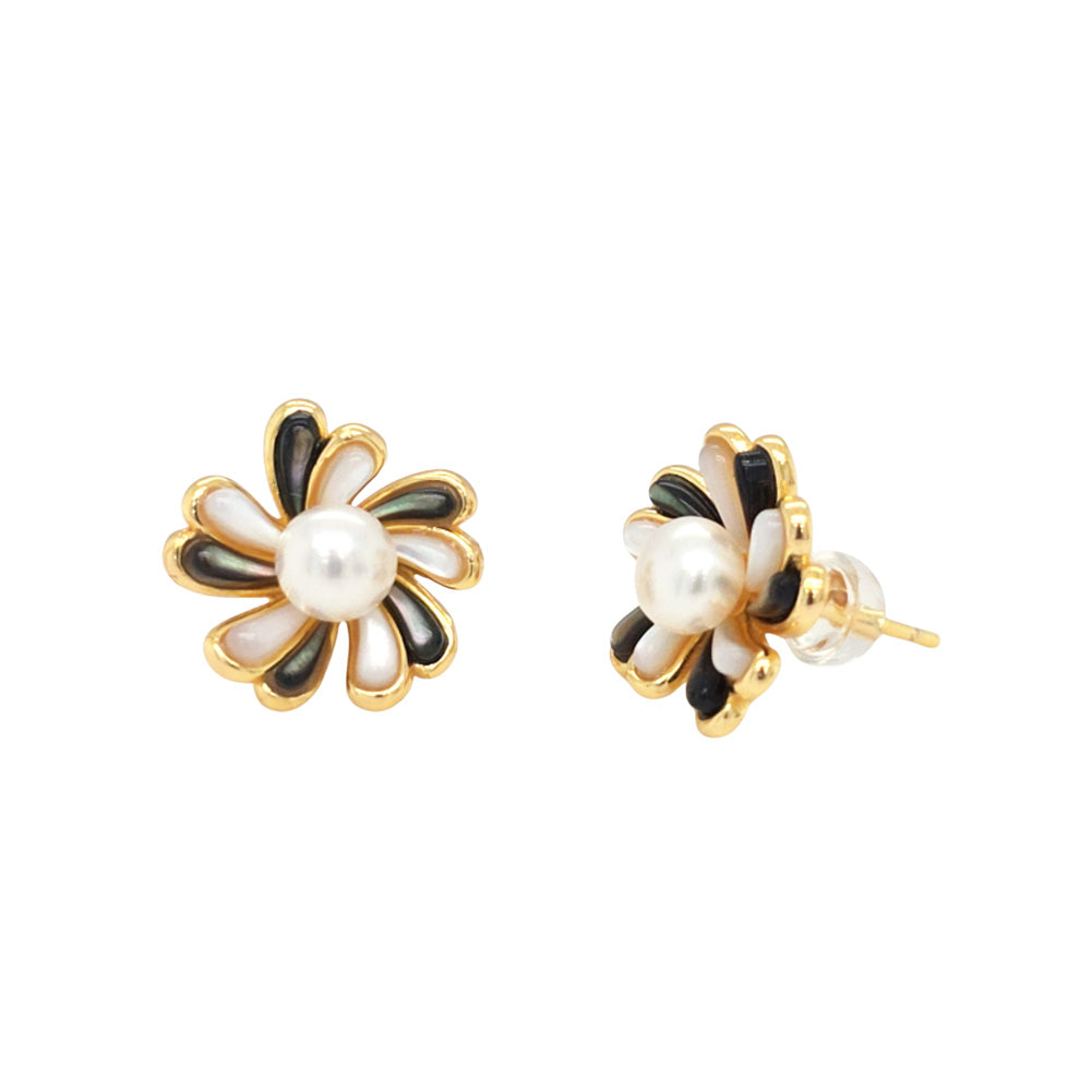 18K Gold Plated Sterling Silver Flower Pearl Earrings