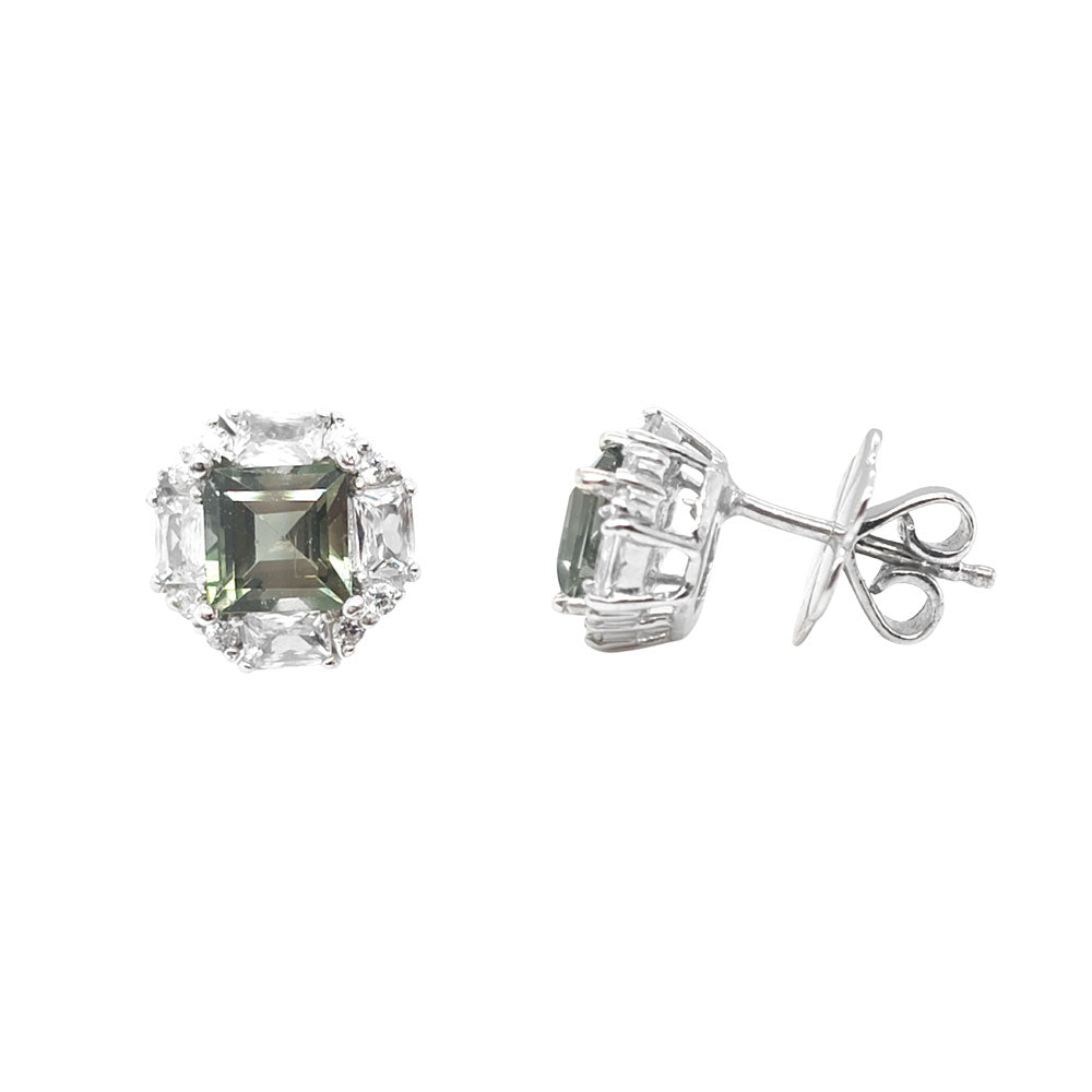 Prasiolite and CZ Stud Earrings in Sterling Silver