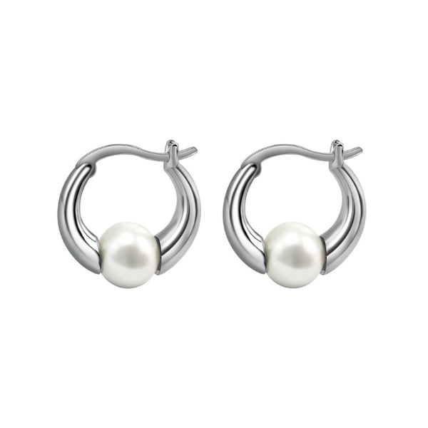 Round FW Pearl Sterling Silver Huggie Earrings