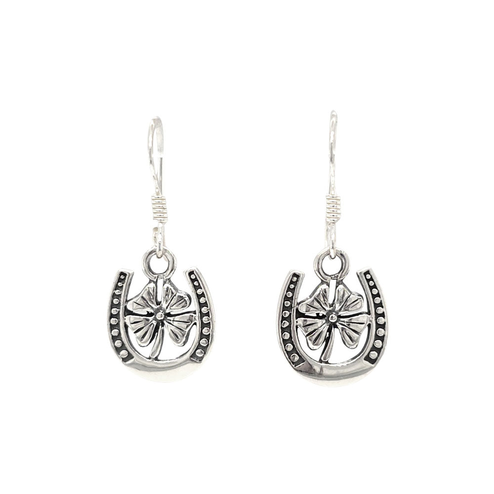 Lucky Four-Leaf Clover in a Horseshoe Sterling Silver Dangle Earrings