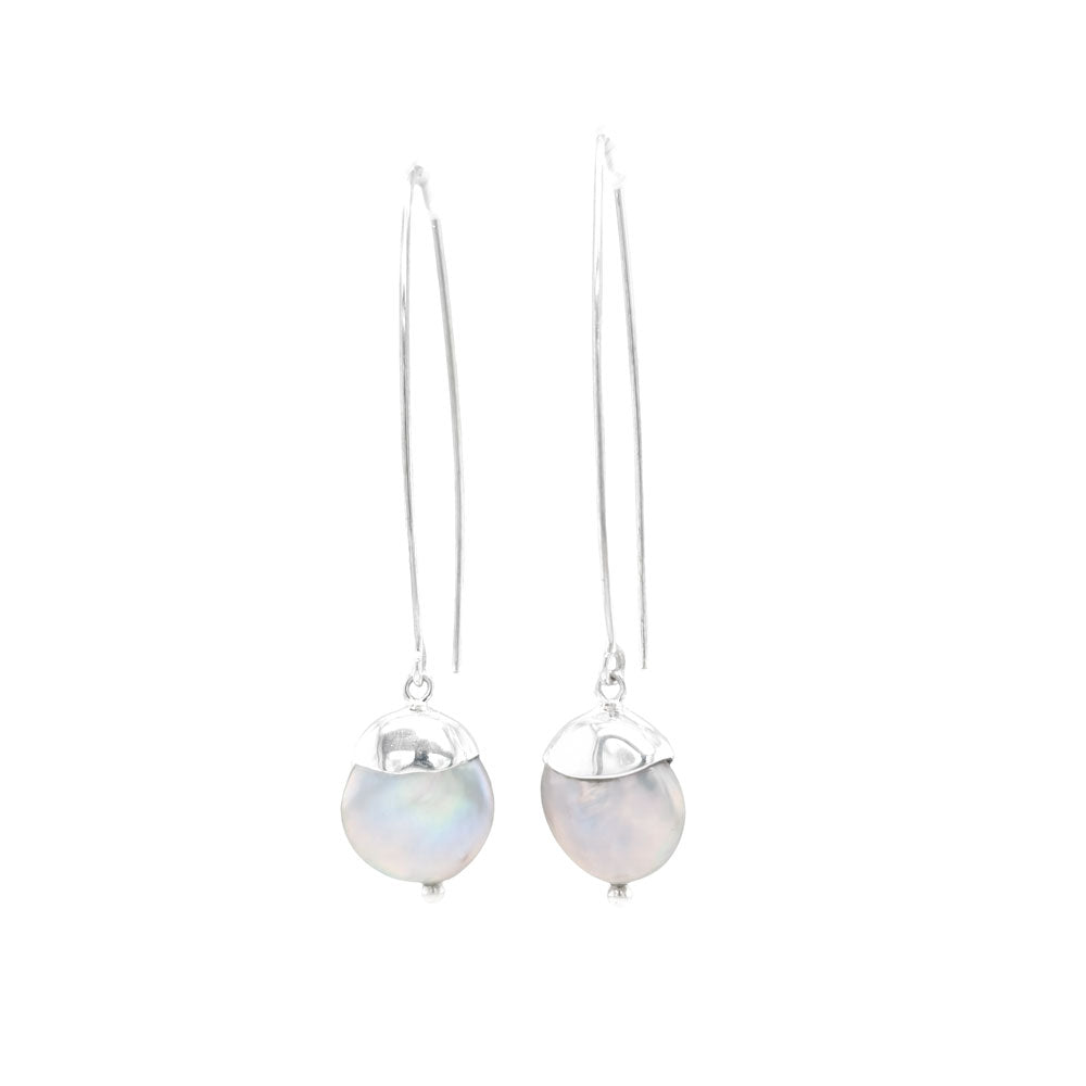 Fresh Water Silver Coin Pearl Long Hook Earrings