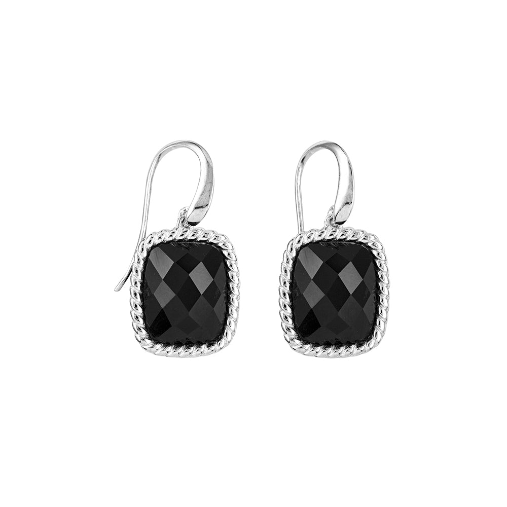 Faced Cut Black Onyx Silver Earrings