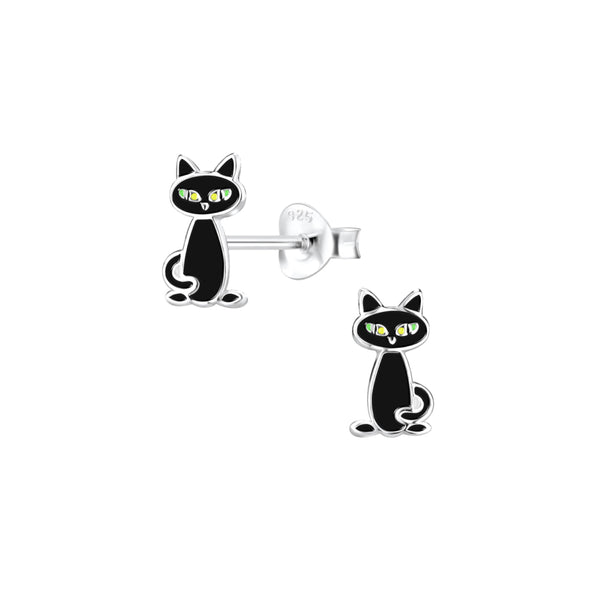 Sterling Silver Black Cat Stud Earrings