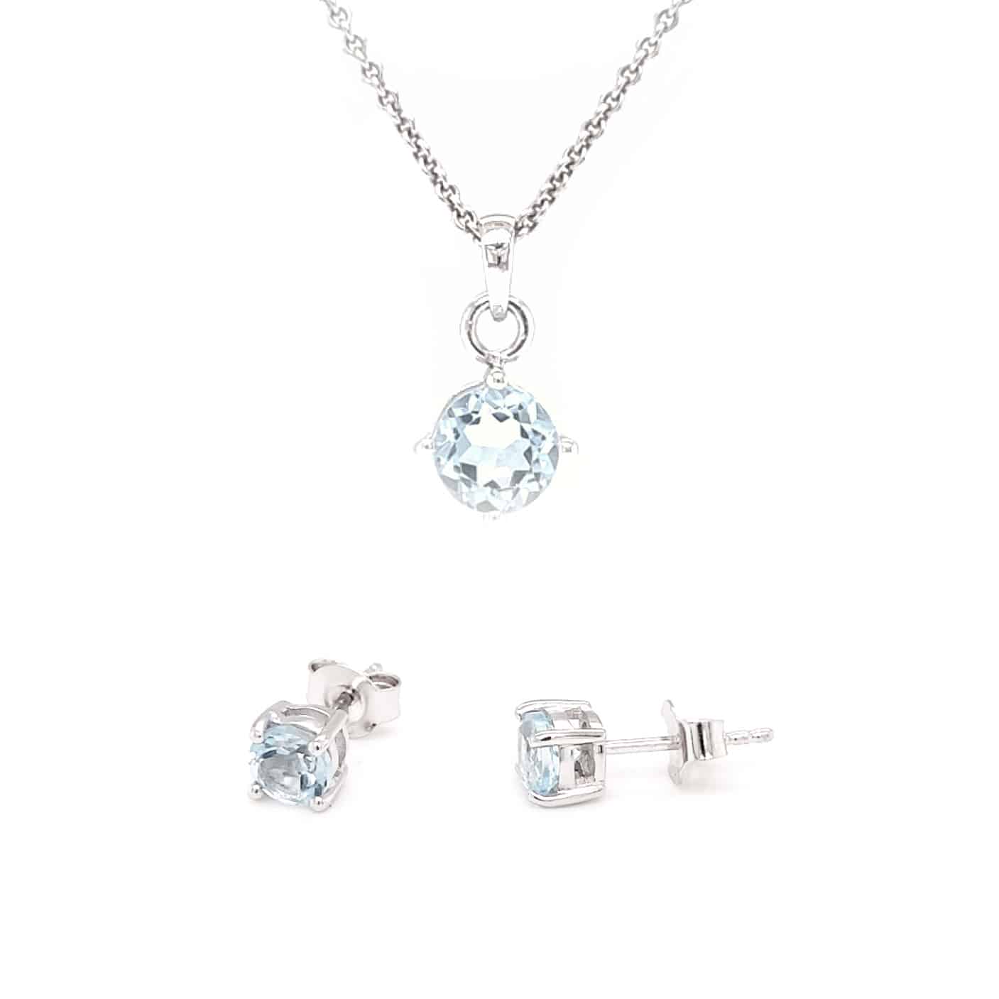 Round Blue Topaz Silver Necklace and Studs Set