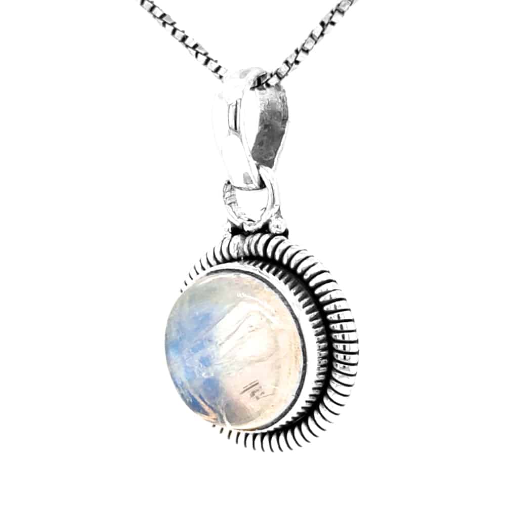 Round Rainbow Moonstone Pendant in Silver