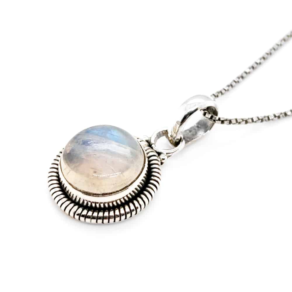Round Rainbow Moonstone Pendant in Silver