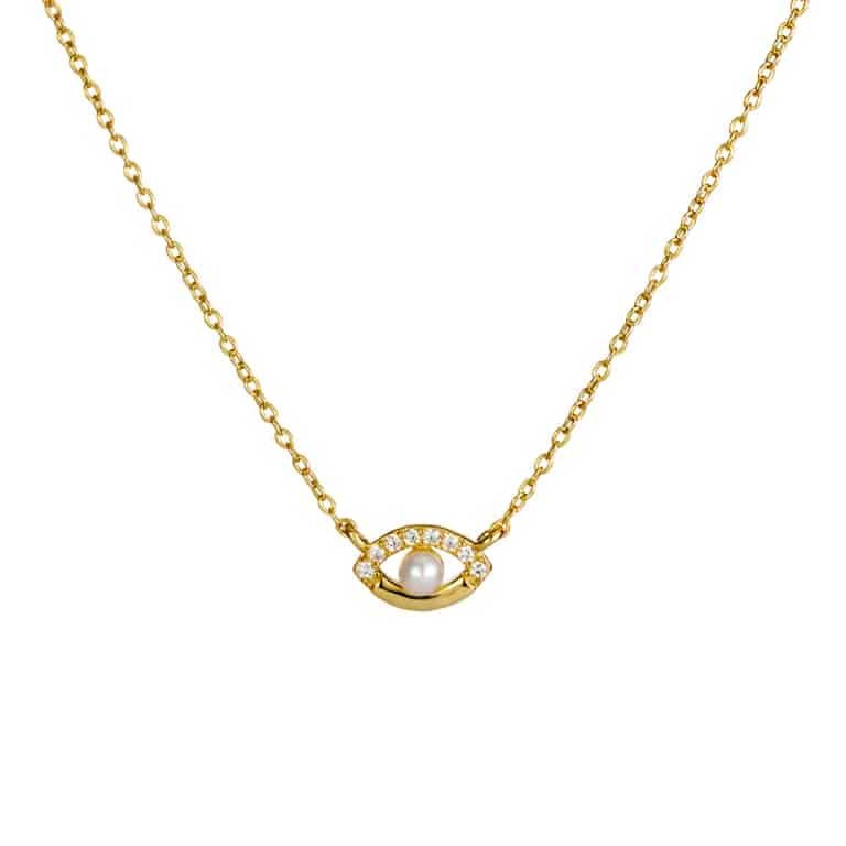 Gold Plated Sterling Silver CZ and Pearl Evil Eye Necklace