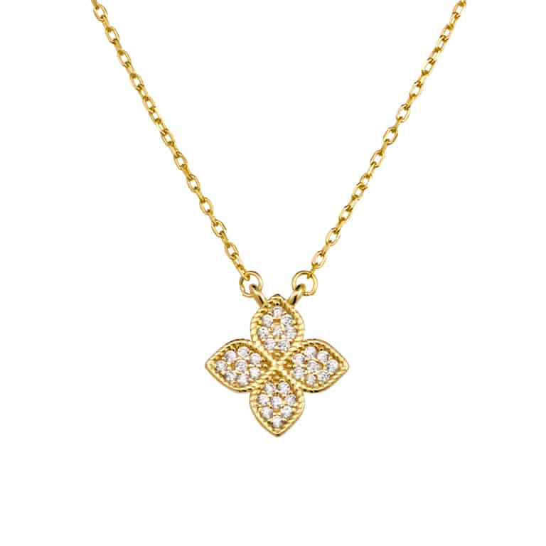 Sterling Silver Micro Pavé Flower Necklace Yellow Gold