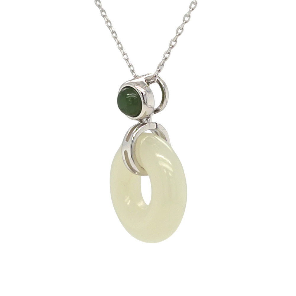 White Jade Doughnut Pendant with Green Jade Bail in Silver