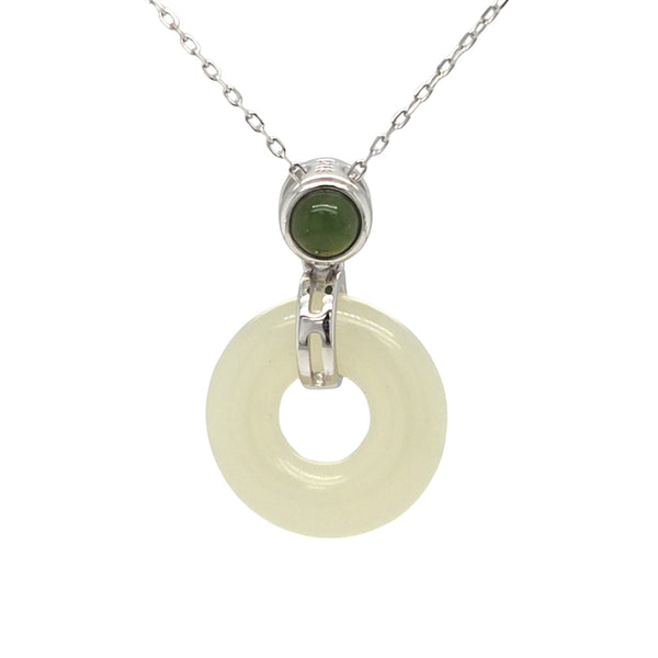 White Jade Doughnut Pendant with Green Jade Bail in Silver