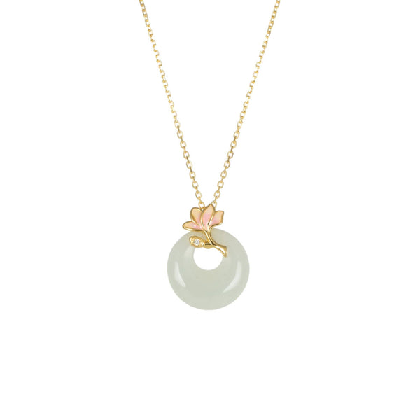 White Donut Nephrite Jade Pendant with Magnolia Flower