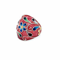 Hand Crafted Enamel Dome Silver Ring Red