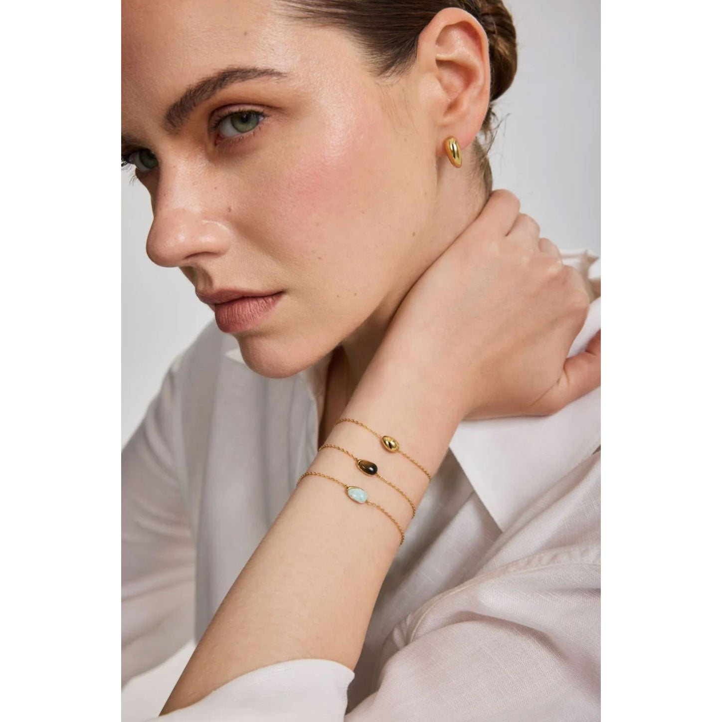 Gold Bezel Amazonite Organic Dome Pebble Bracelet