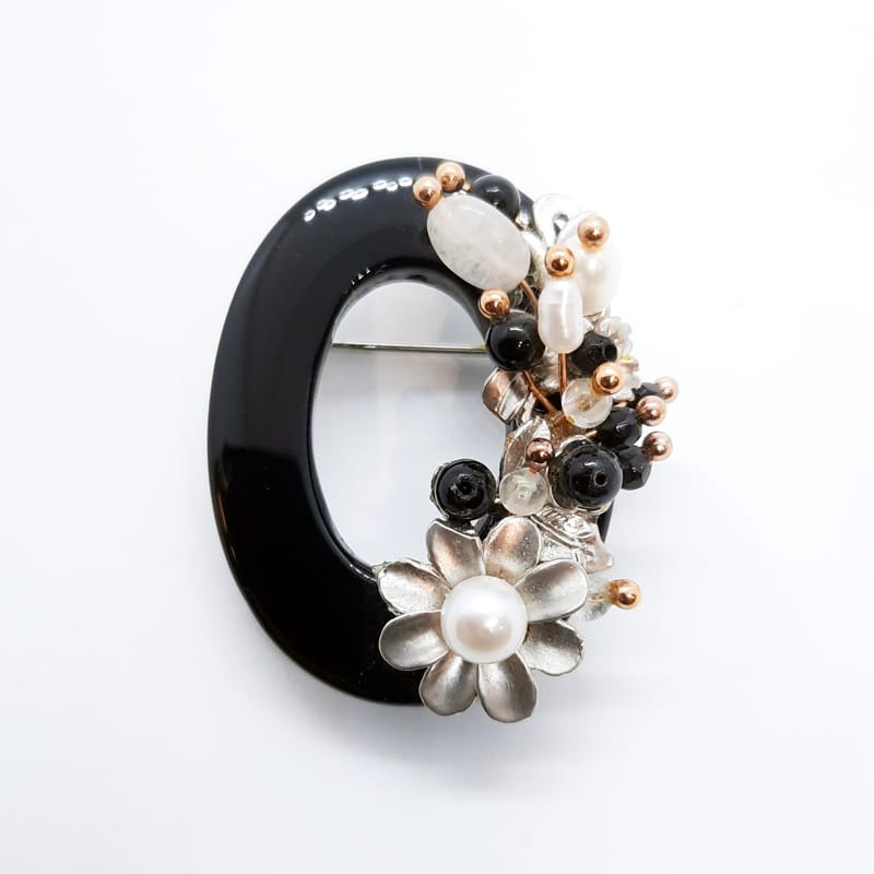 Onyx and Fresh Water Pearl Handmade Brooch
