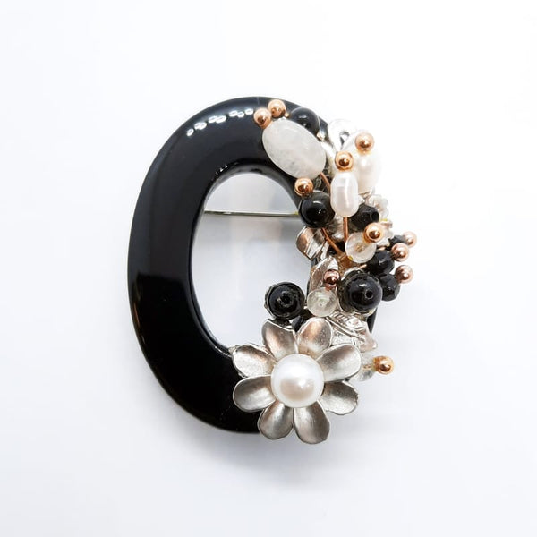 Onyx and Fresh Water Pearl Handmade Brooch
