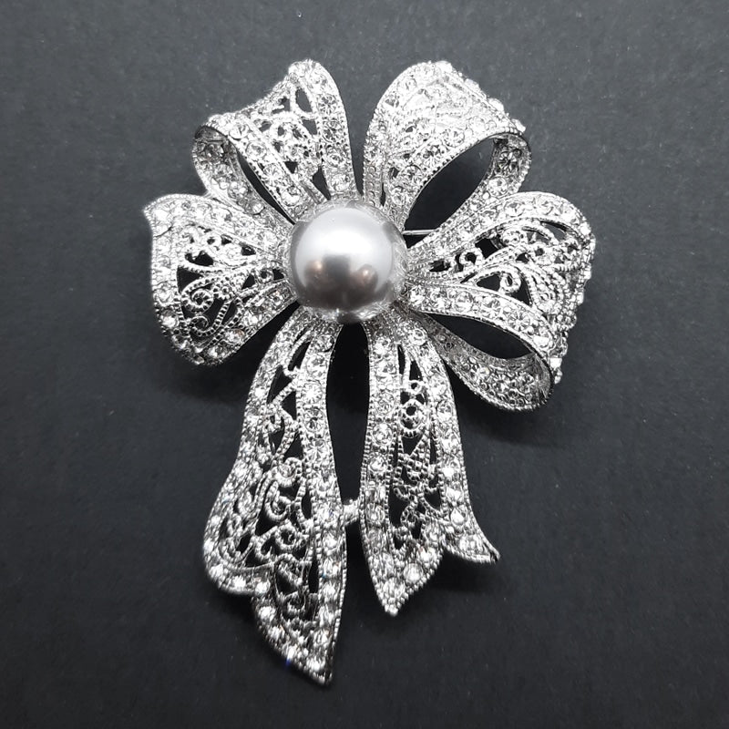 Lace Bow with Silver Faux Pearl Brooch