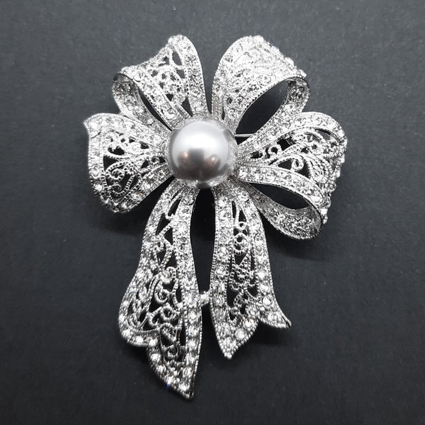 Lace Bow with Silver Faux Pearl Brooch