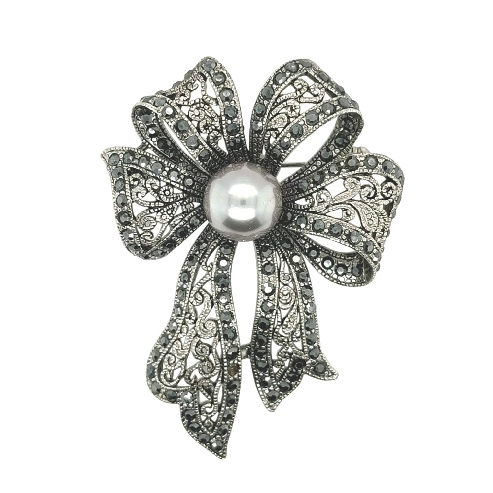 Lace Bow with Silver Faux Pearl Brooch Black