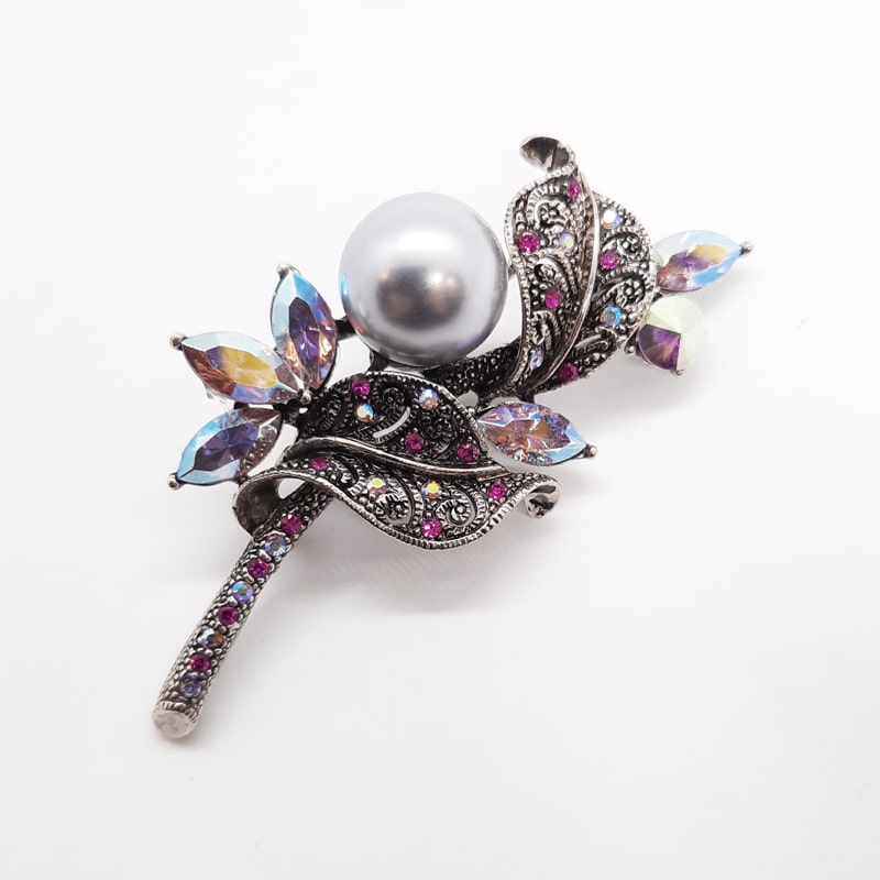 Faux Silver Pearl Brooch Purple