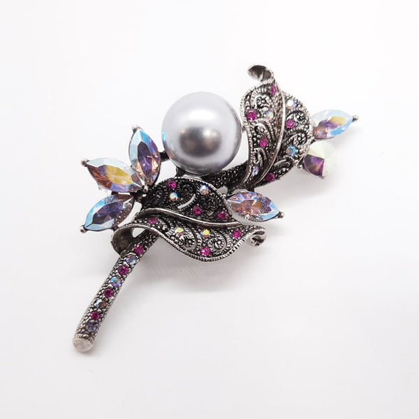Faux Silver Pearl Brooch Purple