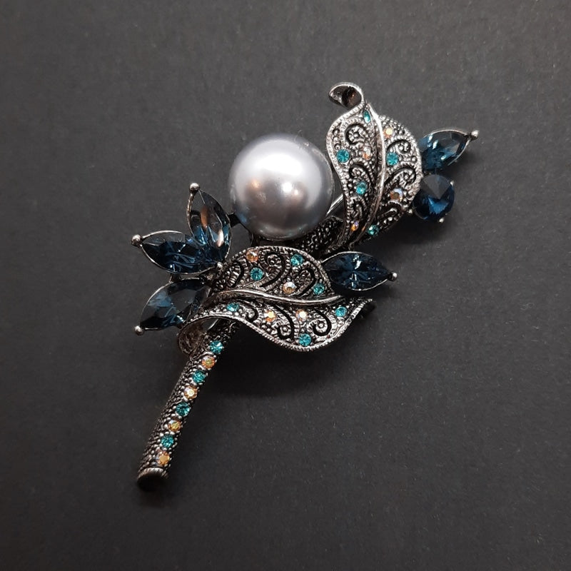 Faux Silver Pearl Brooch Sapphire