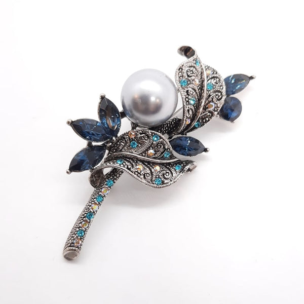 Faux Silver Pearl Brooch Sapphire