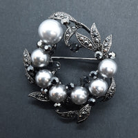 Silver Faux Pearl Black Crystal Brooch