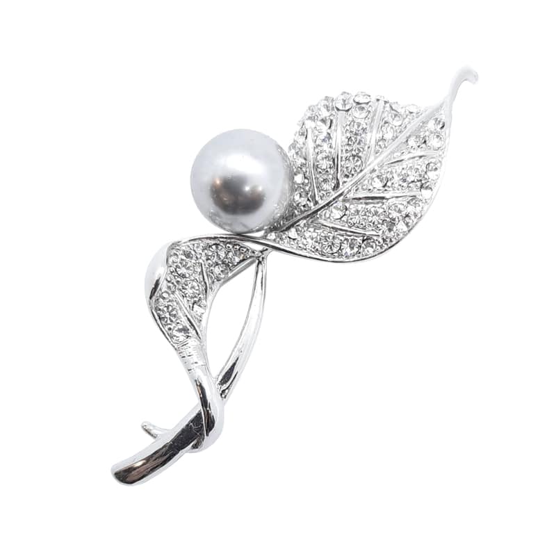 Faux Silver Pearl Leaf Brooch