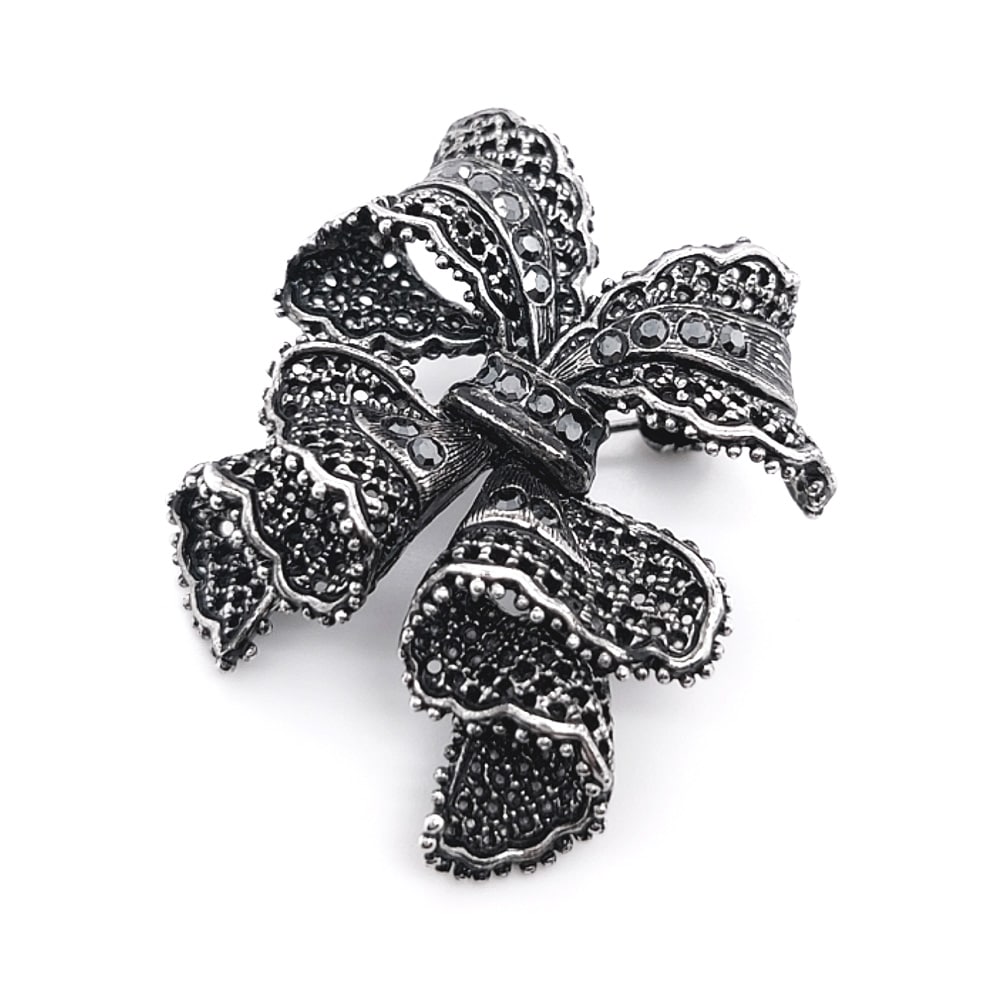 Crystal Lace Bow Brooch Black
